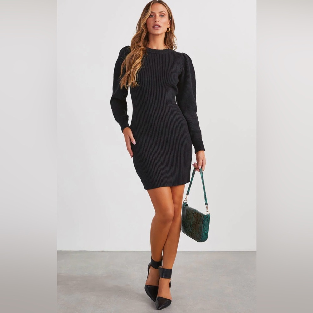 NWT! Vici Black Ribbed Puff Sleeve Sweater Dress - Picture 1 of 10